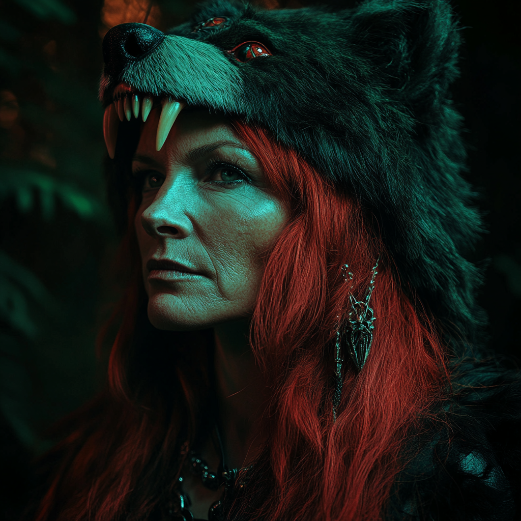 Photo of mature Celtic woman in bear headdress.