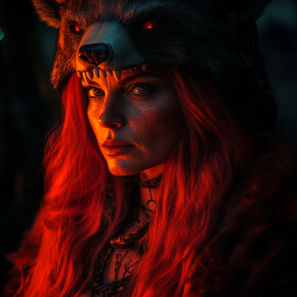 Photo of mature Celtic woman wearing bear headdress.