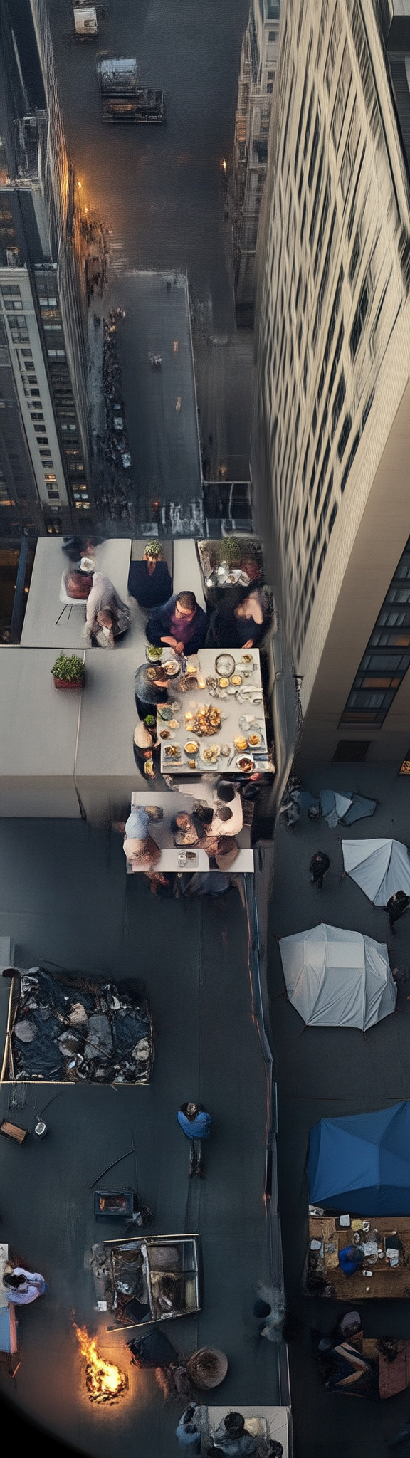 Photo of rich couple dining above poor people below.