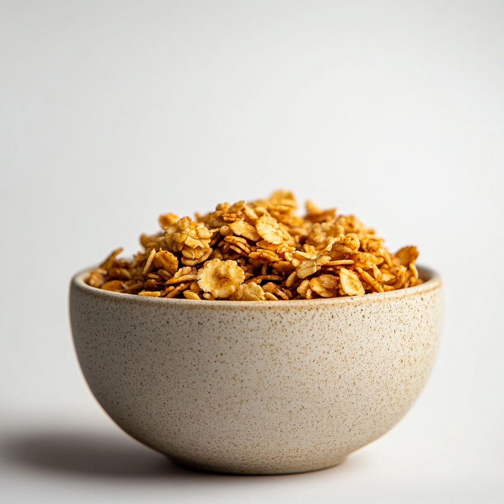 Photo of small bowl of golden granola on white background.