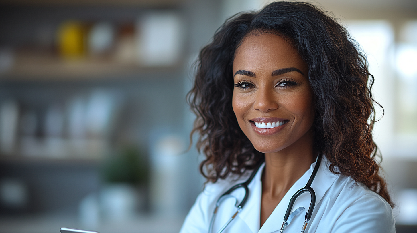 Photo of smiling black woman in doctor's office.