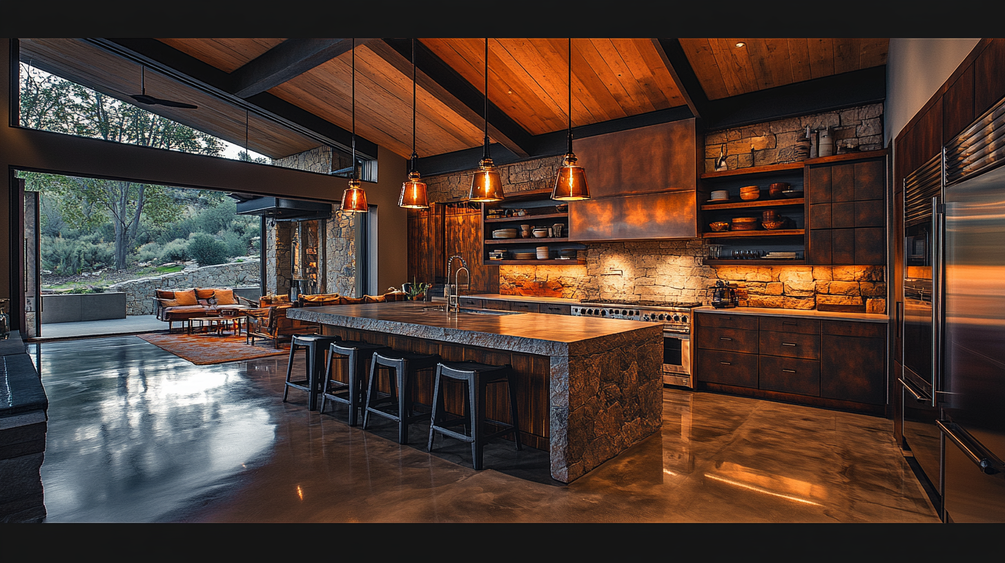 Photo of spacious kitchen with stone walls and island.