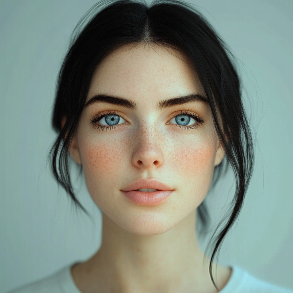 Photo of stunning woman with black hair and blue eyes.