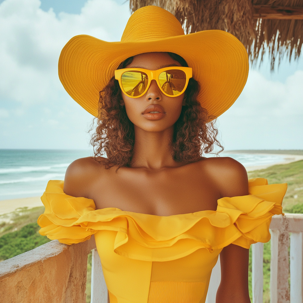 Photo of stylish woman in yellow outfit on balcony.