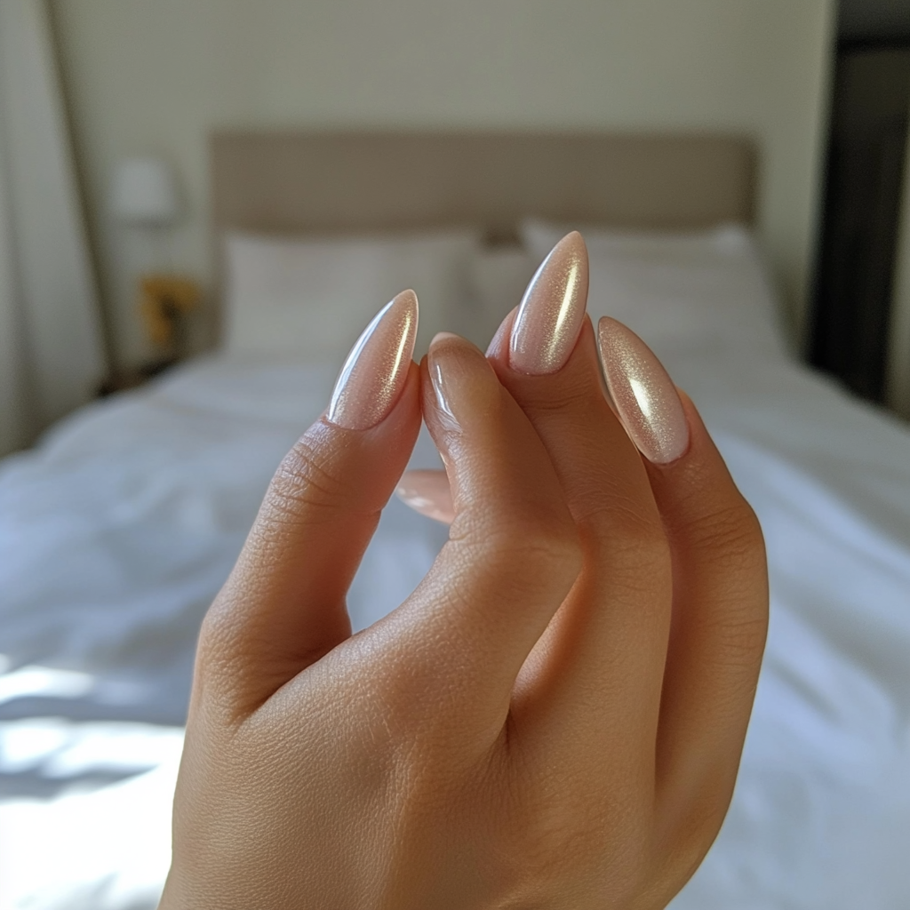 Photo of tan woman showing new champagne nails candidly.