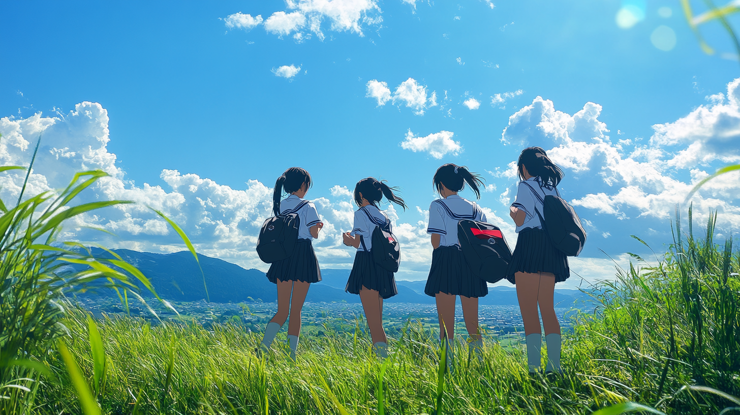 Photo of three Japanese high school girls outdoors.