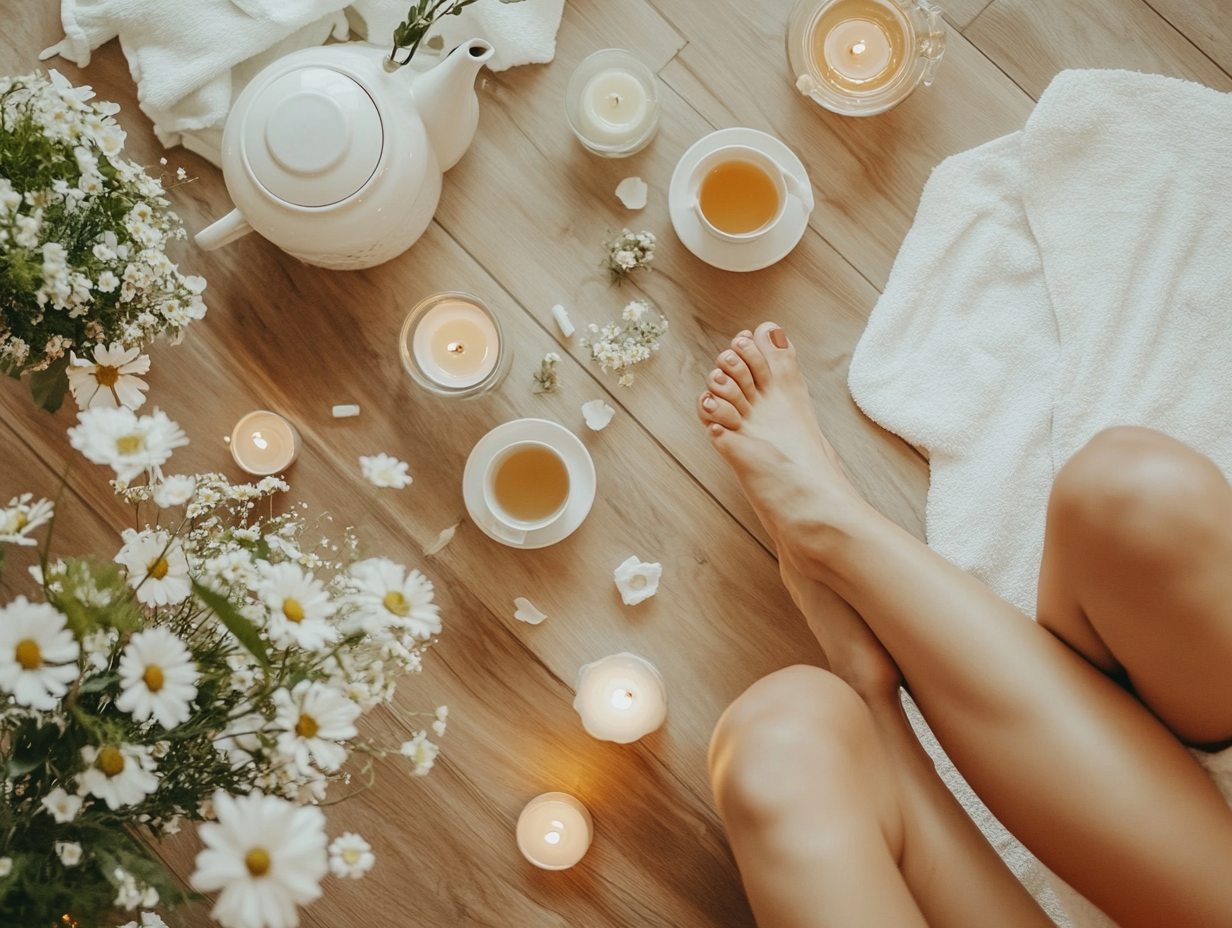 Photo of woman lying down at spa, relaxed mood.