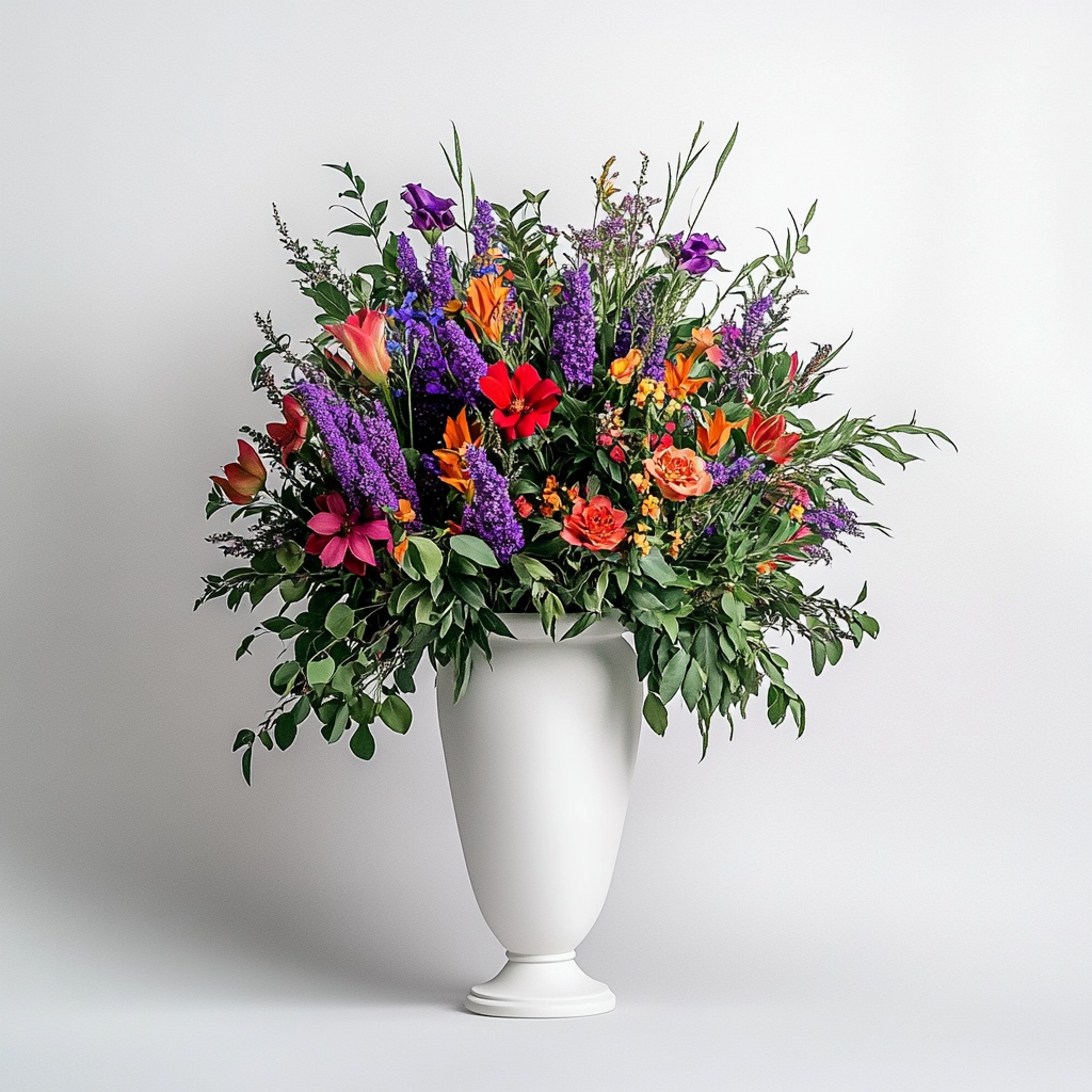 Photo realistic funeral arrangement with Ohio plants in vase.