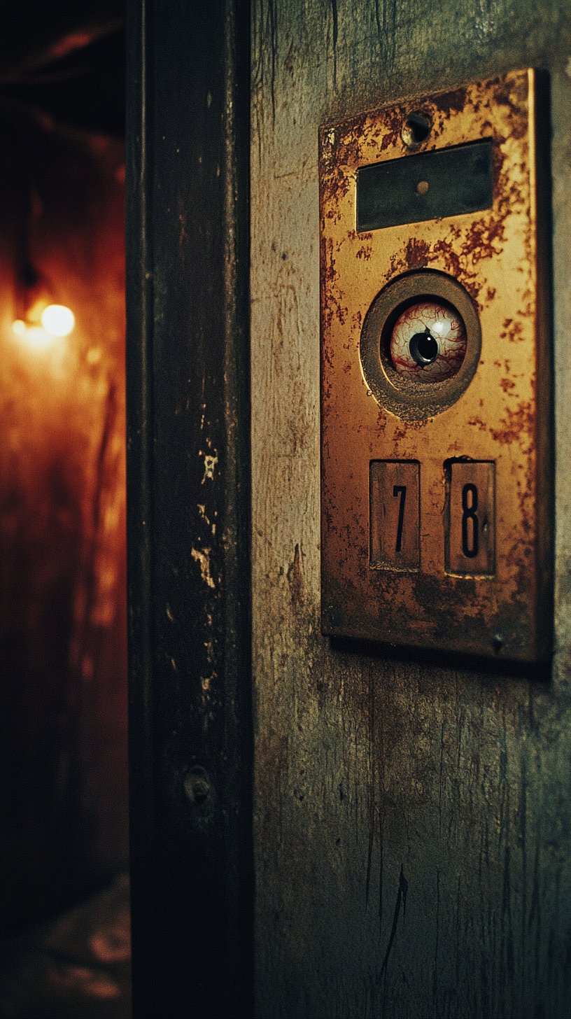 Photocell room with broken gold and old number. Vintage horror movie poster promoting classic hotel.
