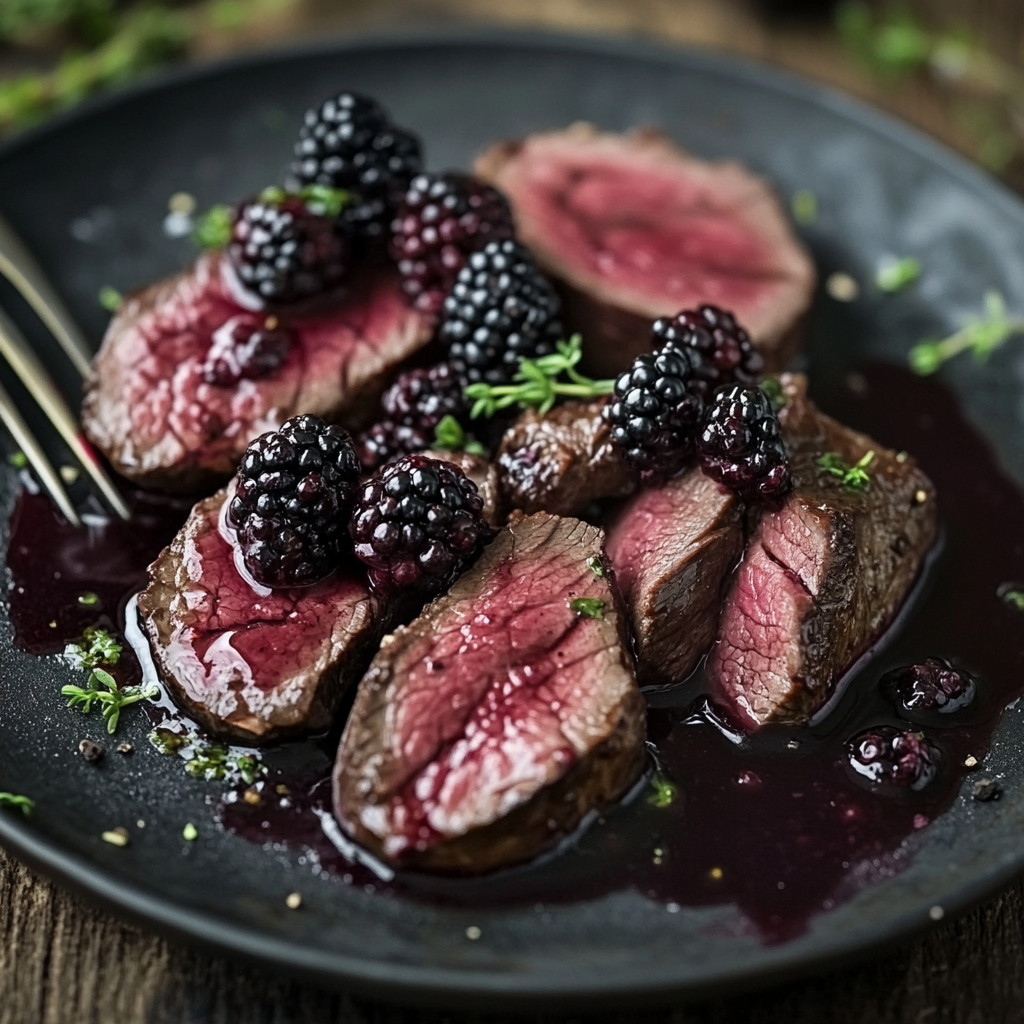 Photograph food with wild venison fillets, blackberry sauce.