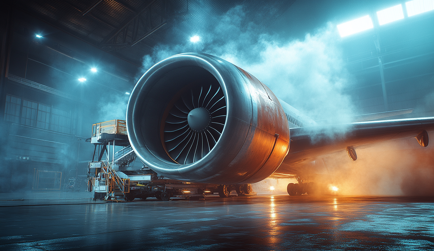 Photograph of 747 airplane turbine engine testing process.