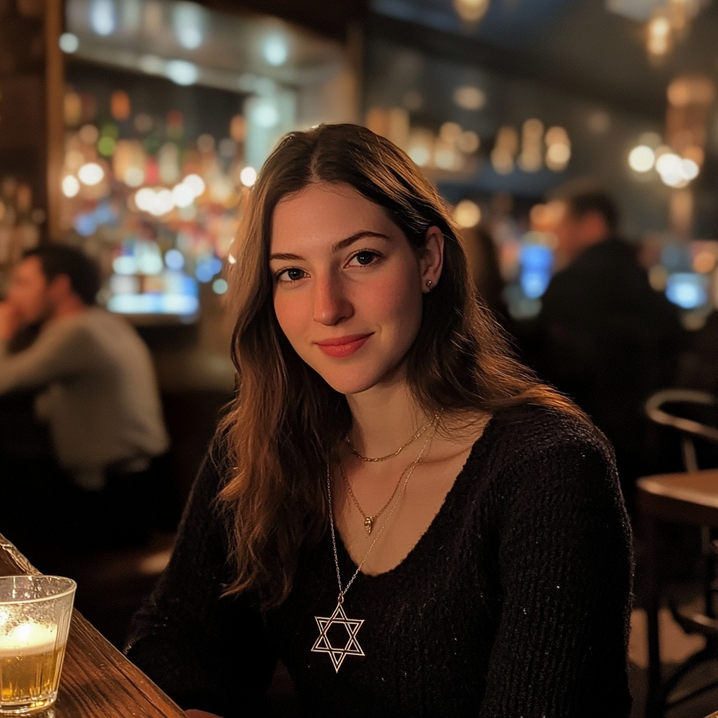 Photograph of Rachel with Star of David necklace.