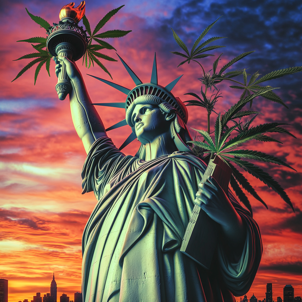 Photograph of Statue of Liberty with cannabis crown and torch.