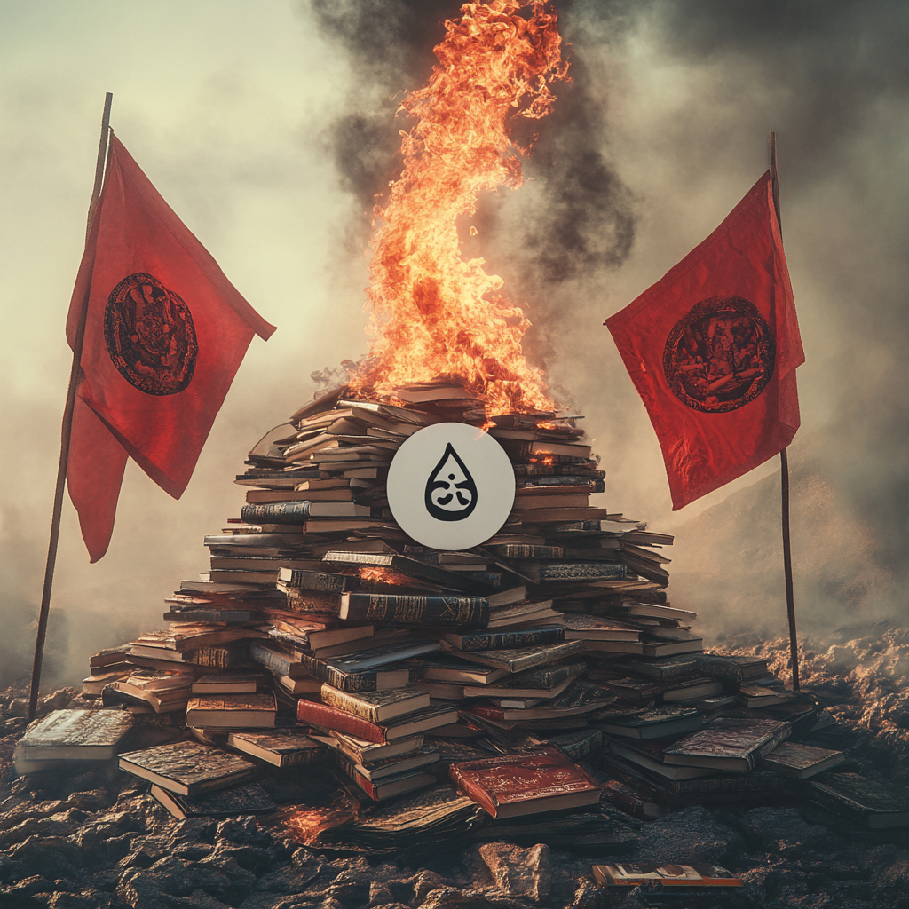 Photograph of burning books and Buddhist symbol flags.