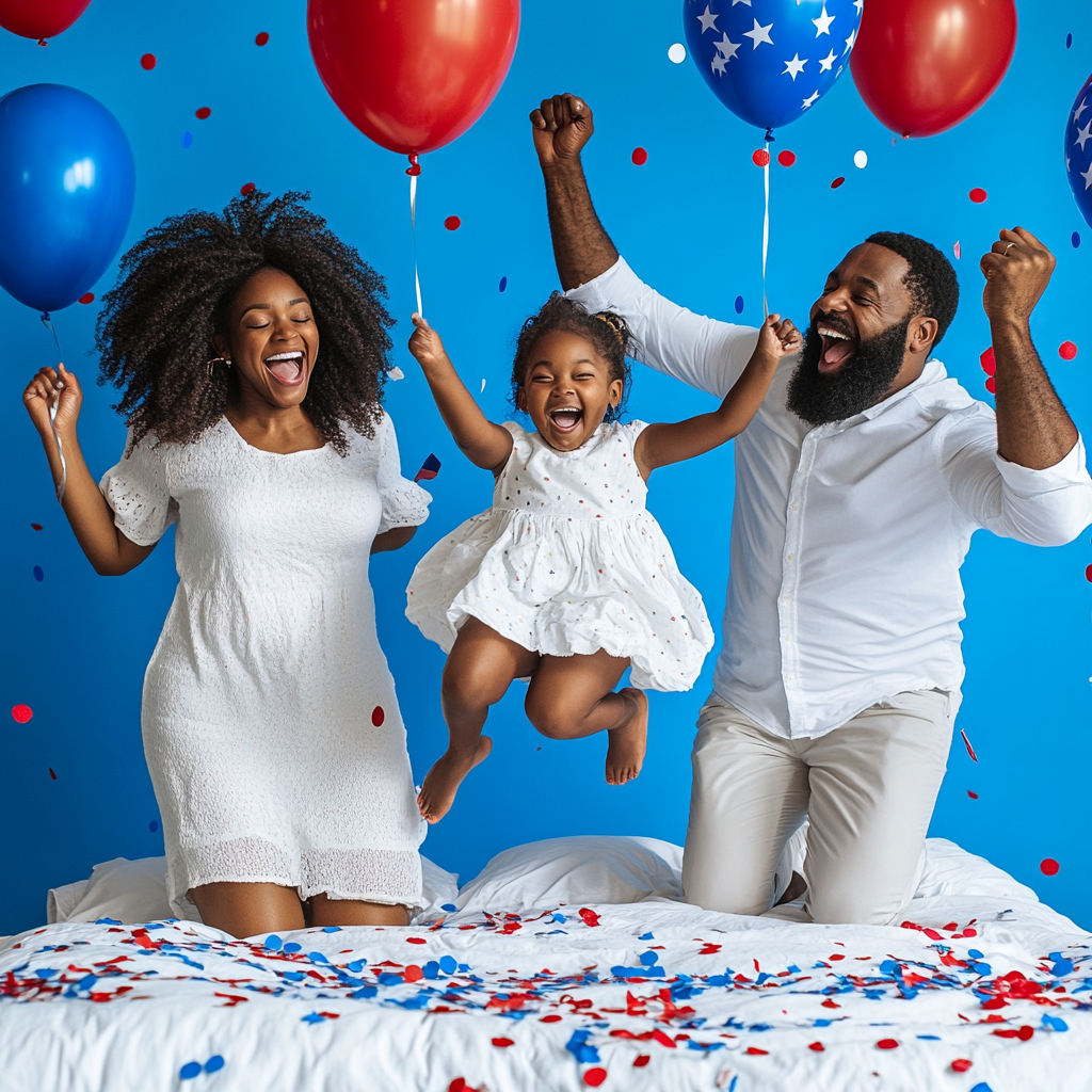 Photograph of happy African American family jumping on bed.