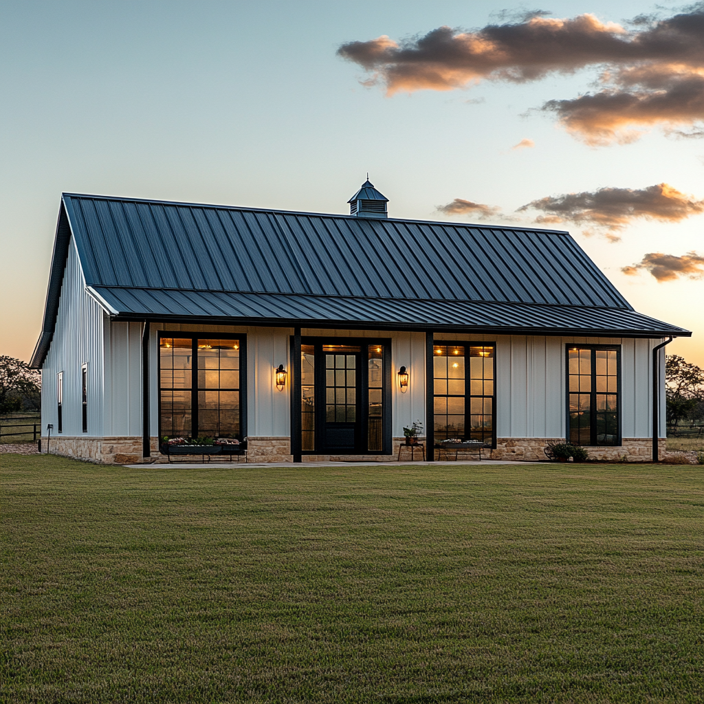 Photograph of inexpensive barndominium with metal roof and windows.