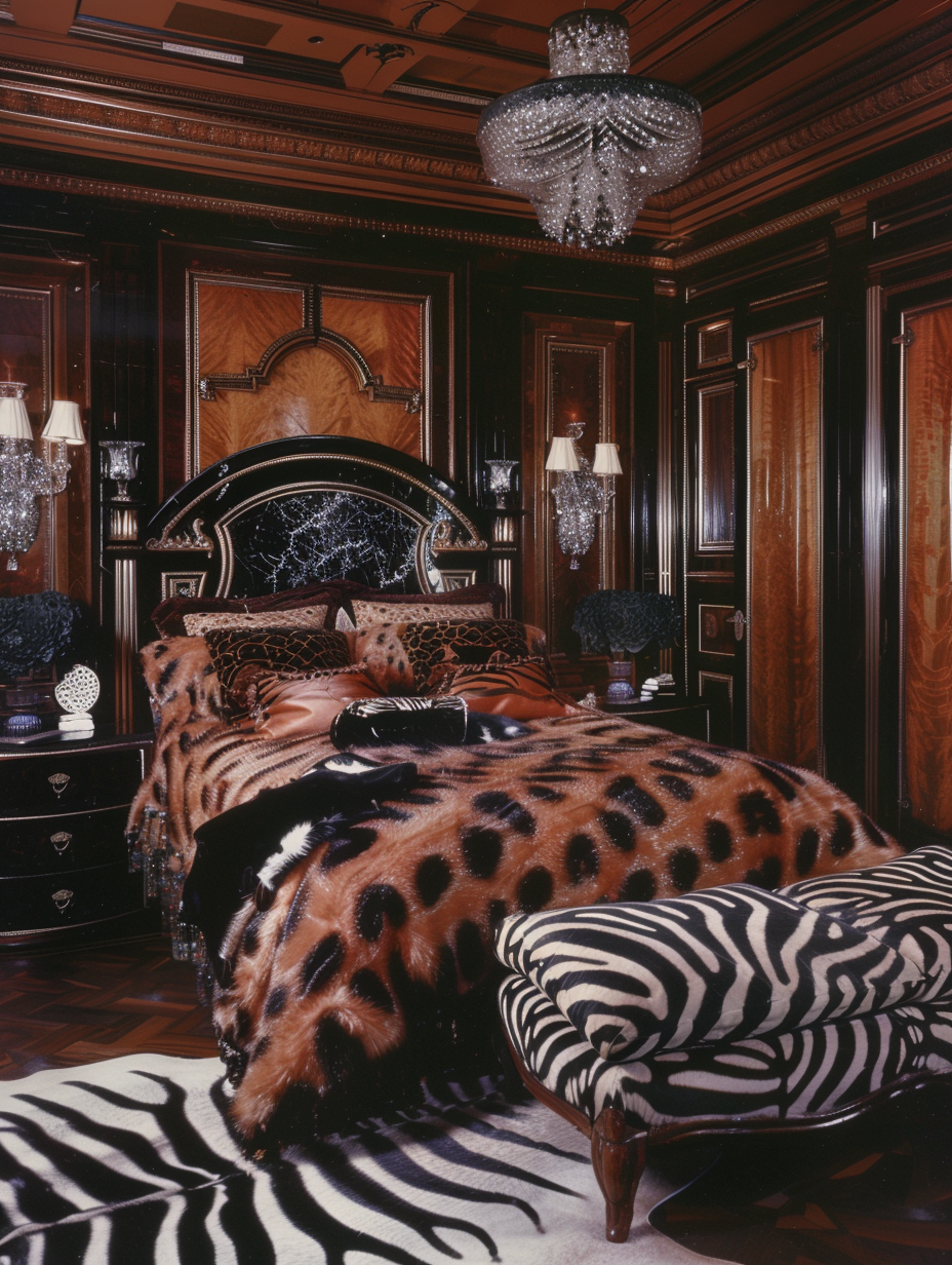 Photograph of opulent Art Deco bedroom with zebra print.