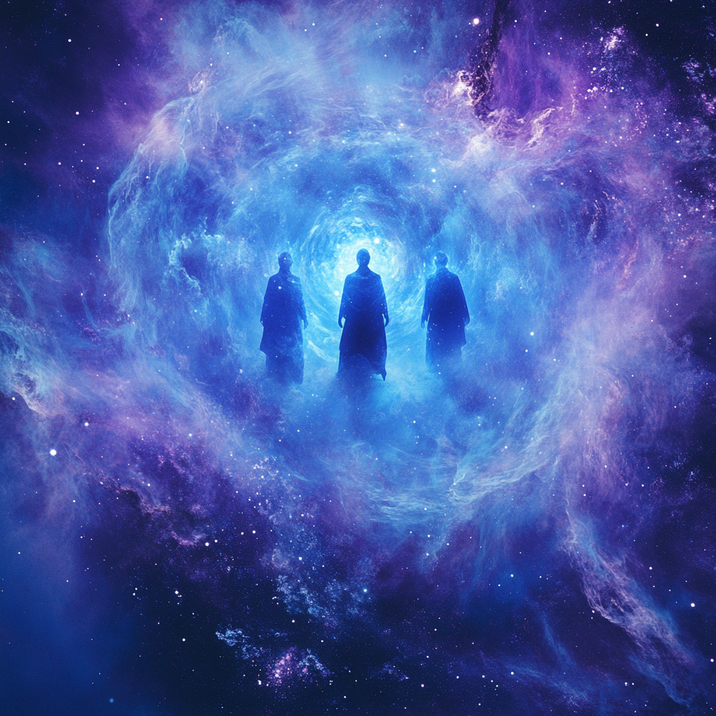 Photograph of three beings of light with blue and purple colors and glow.