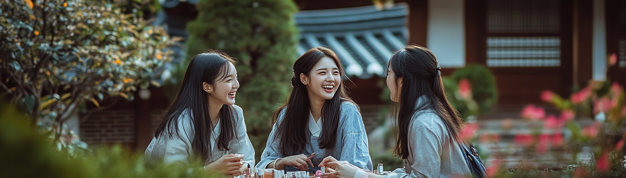 Photograph of young Korean women in historic garden.