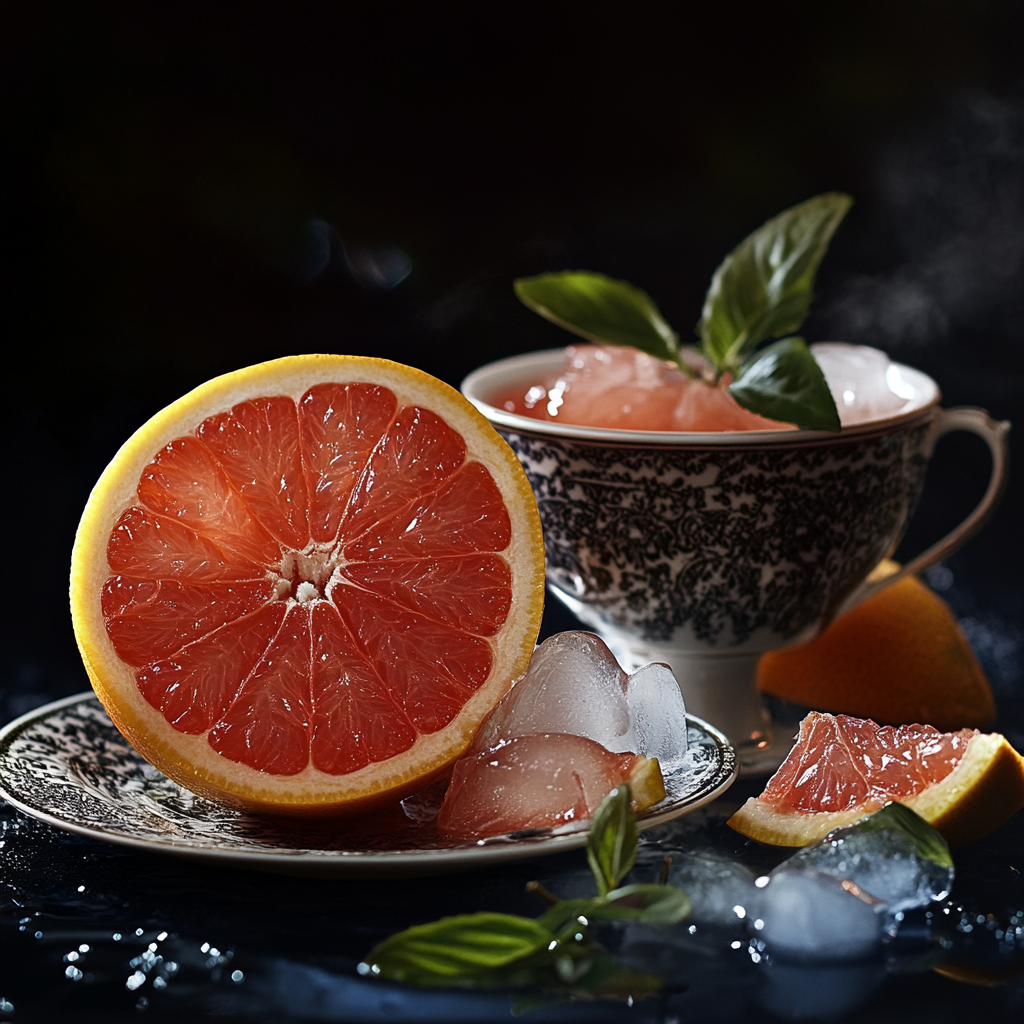 Photographer documents grapefruit tea with iced aesthetic decoration.