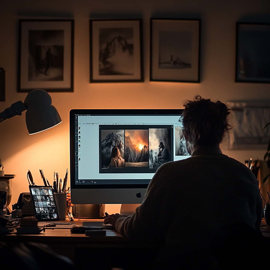 Photographer sits at desk editing photo on computer.