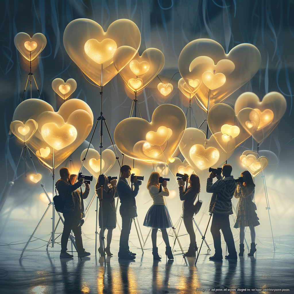 Photographers and photojournalists with heart-shaped cameras in creative poses