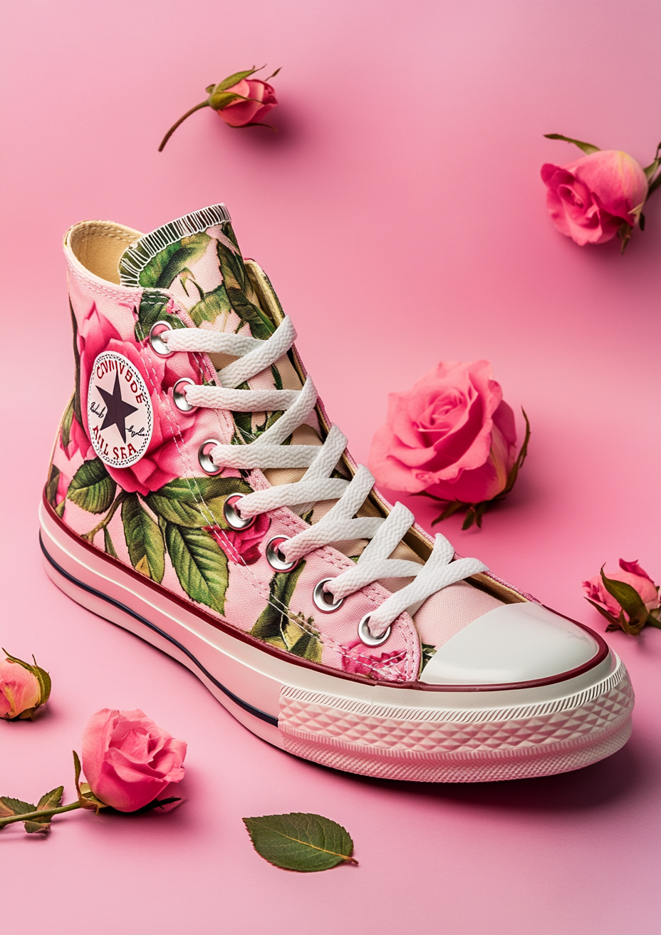 Photography of Converse shoes with rose design, pink background.