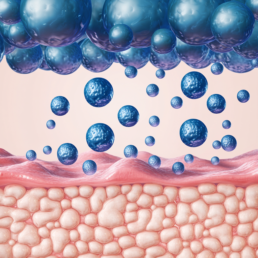 Photorealistic 5-layer hyaluronic acid diagram with spheres representing molecules.