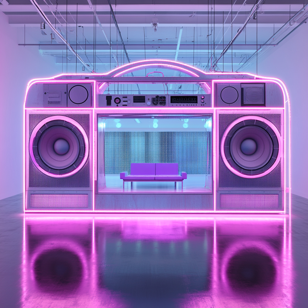 Photorealistic Boombox Studio Installation in Modern Indoor Space