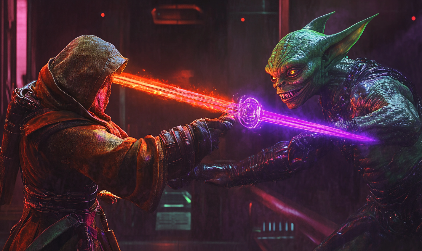 Photorealistic Duel: Adventurer vs Alien with Laser Swords