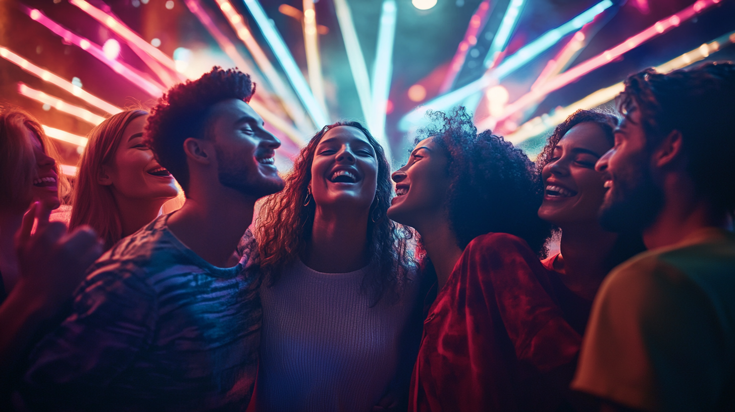 Photorealistic Image: Group of Mixed Friends Immersed in Light Beams