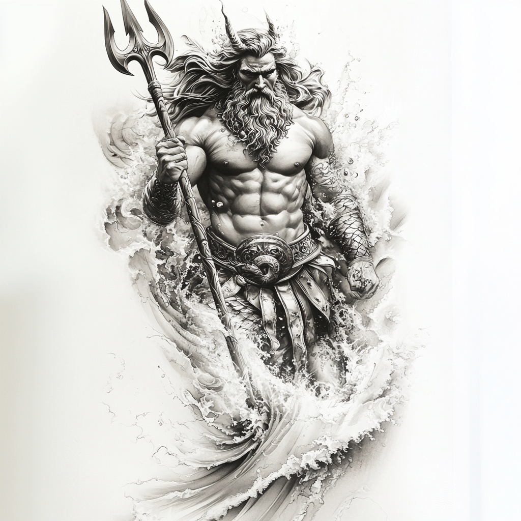 Photorealistic Poseidon Tattoo Design in Battle Pose