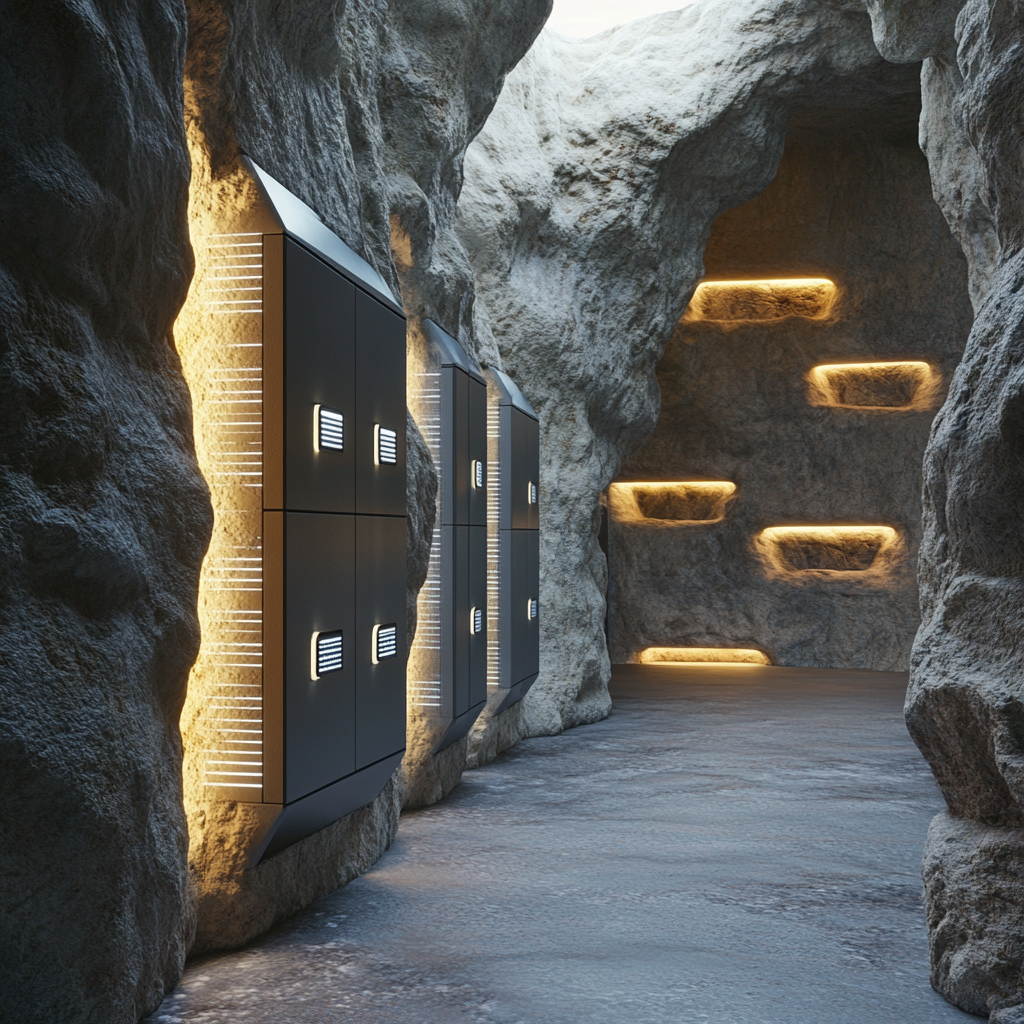 Photorealistic RFID lockers in artificial rock with technology integration.