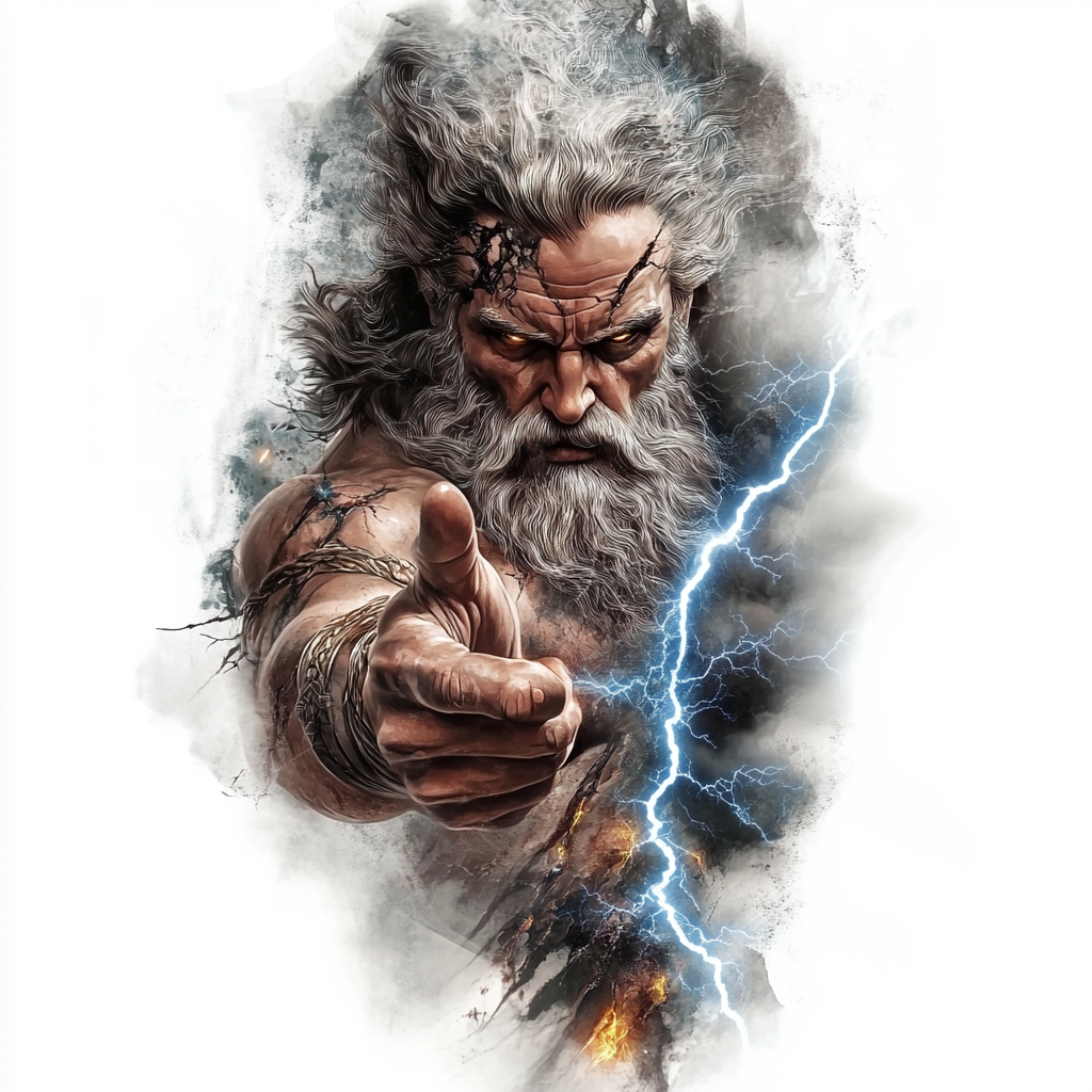 Photorealistic Zeus Tattoo Design with Lightning Bolt in Hand