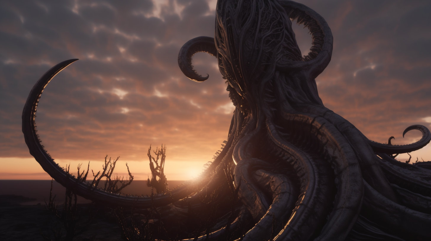 Photorealistic alien tentacle in sunset from film