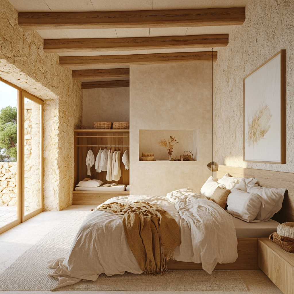 Photorealistic bedroom in modern villa with cream resin walls