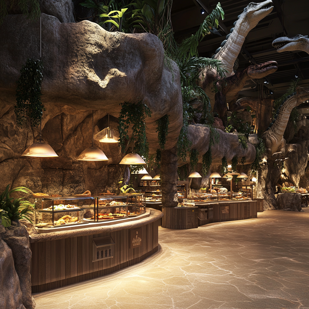 Photorealistic dinosaur-themed food hall with immersive atmosphere.