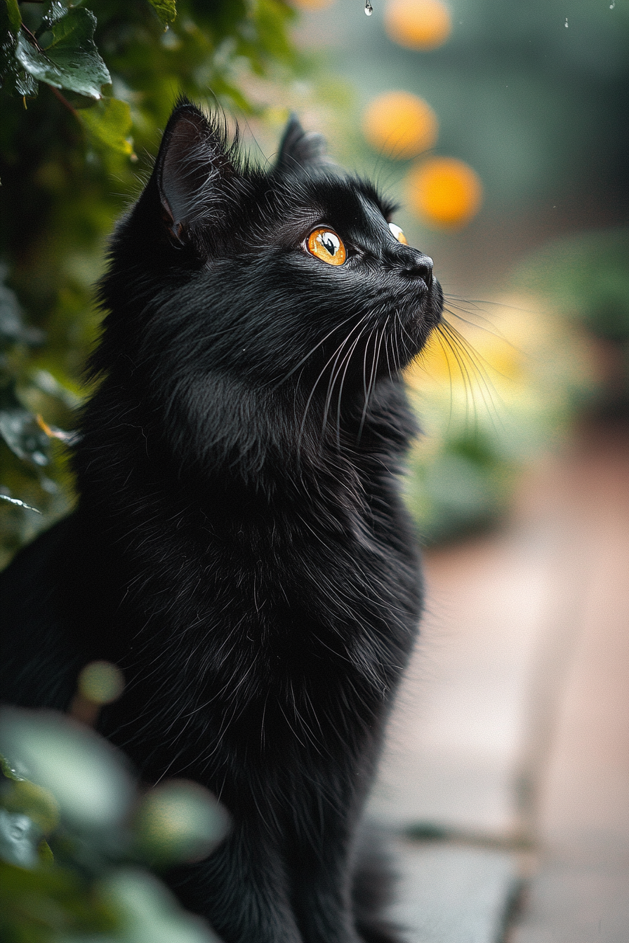 Photorealistic elegant side view of a black cat.