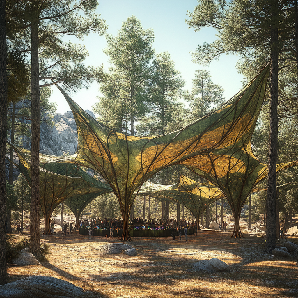 Photorealistic flat leaf-shaped festival shade in woods, 8m high.