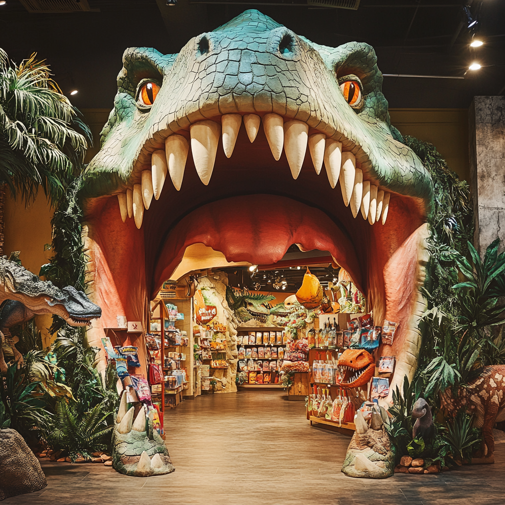 Photorealistic front of dinosaur-themed souvenir shop with merchandise.