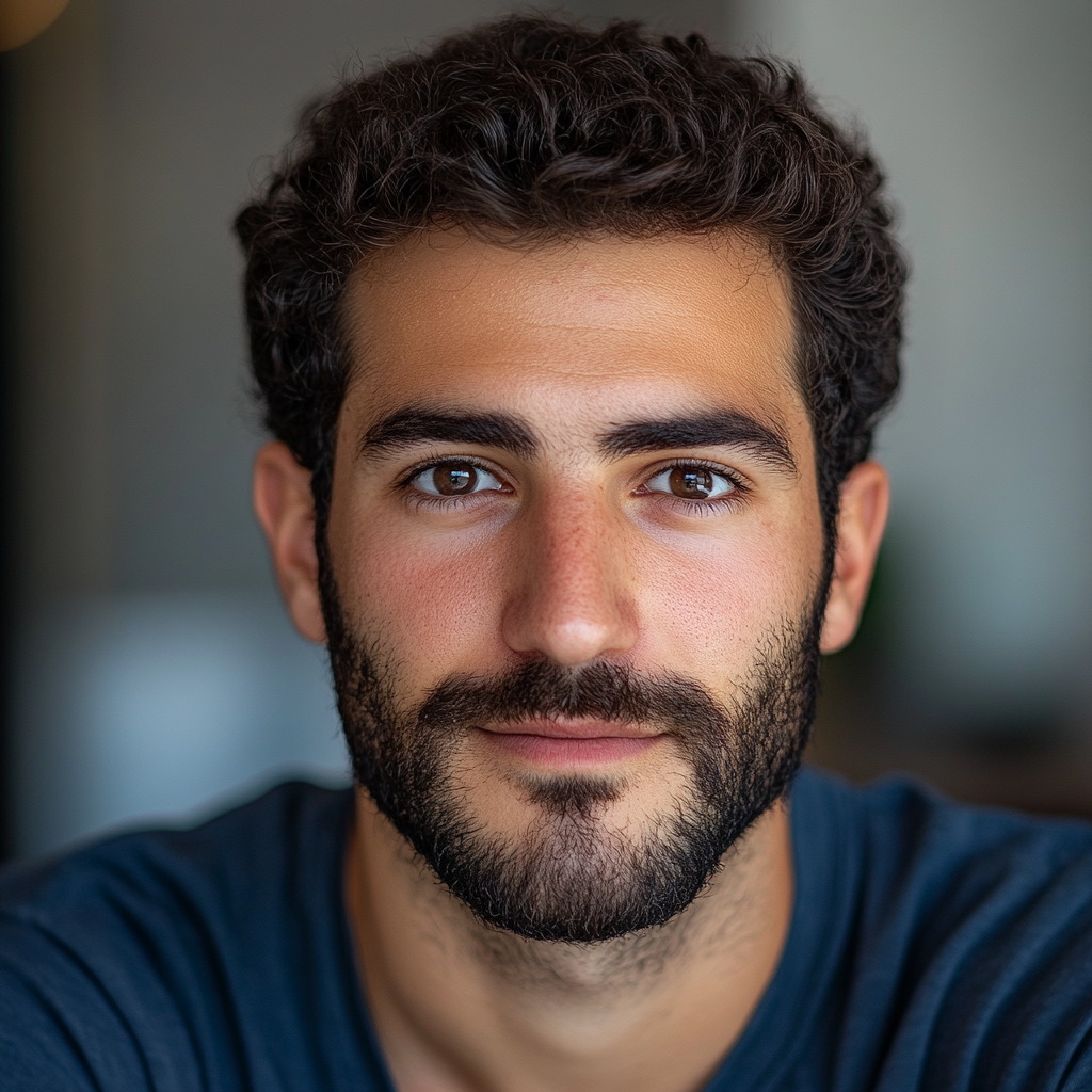 Photorealistic headshot of Mediterranean man, soft focus, modern office.