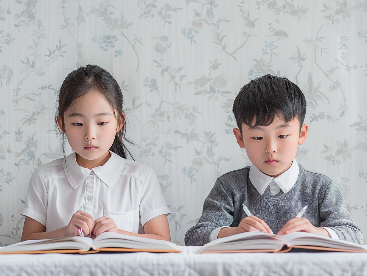 Photorealistic image of Korean middle school students studying English