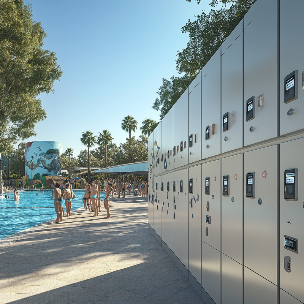 Photorealistic image of RFID lockers in waterpark scene.