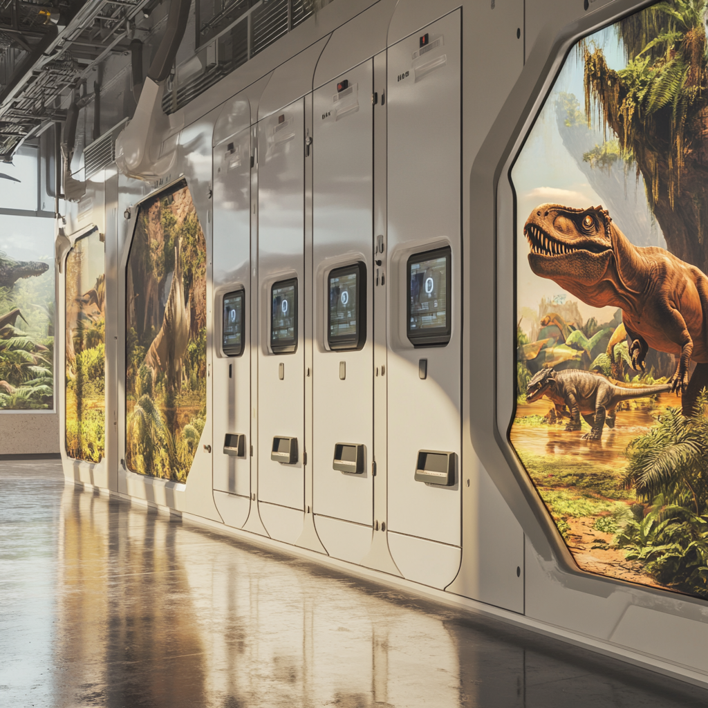 Photorealistic image of RFID lockers on wall with murals.