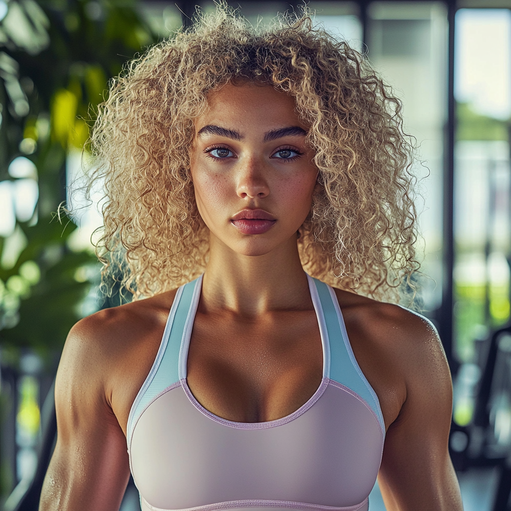 Photorealistic image of confident blonde influencer exercising in gym.