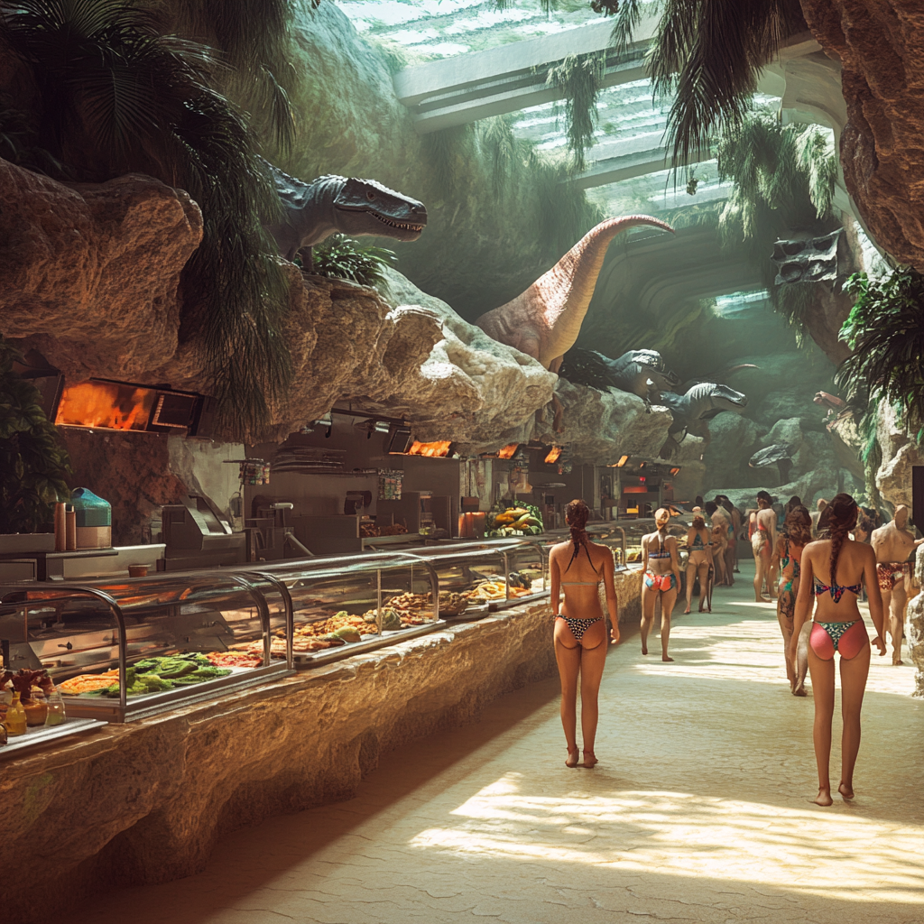 Photorealistic image of dinosaur-themed food hall with people.