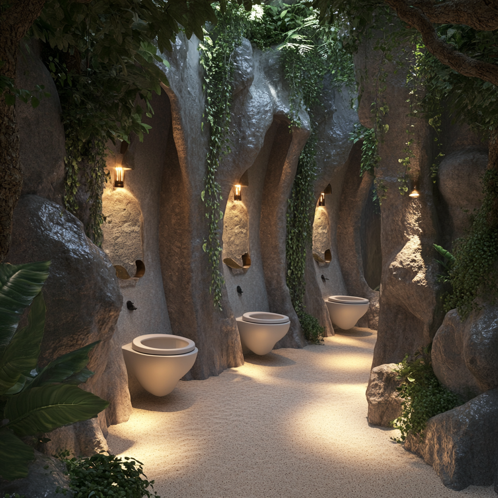 Photorealistic image of dinosaur-themed public toilets in waterpark.