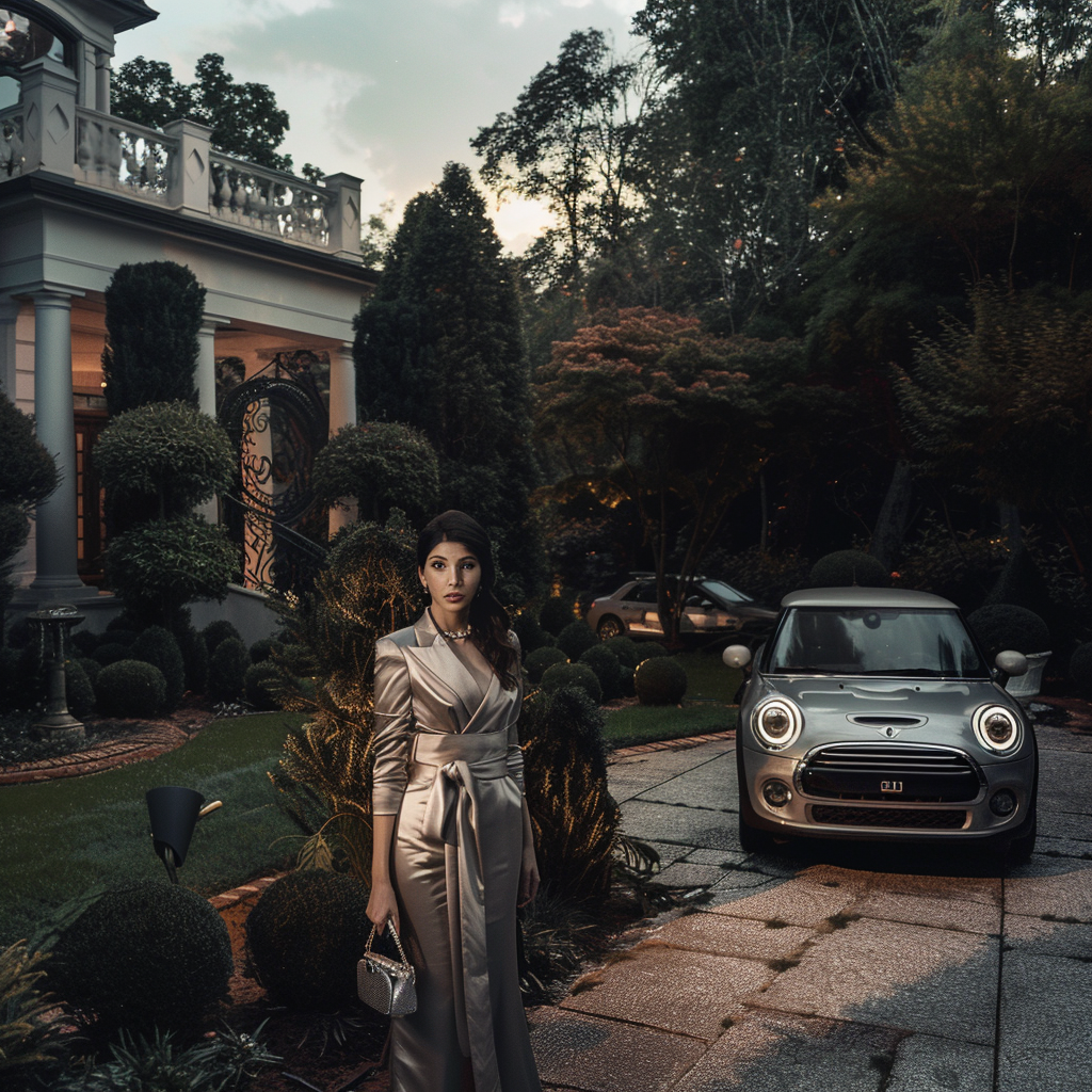 Photorealistic image of elegant woman in luxury garden.