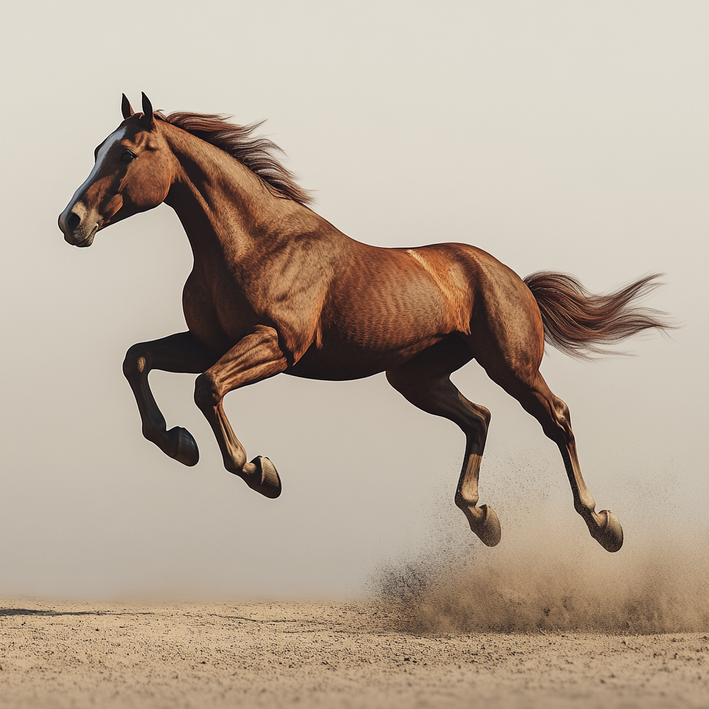 Photorealistic image of horse running from left to right.