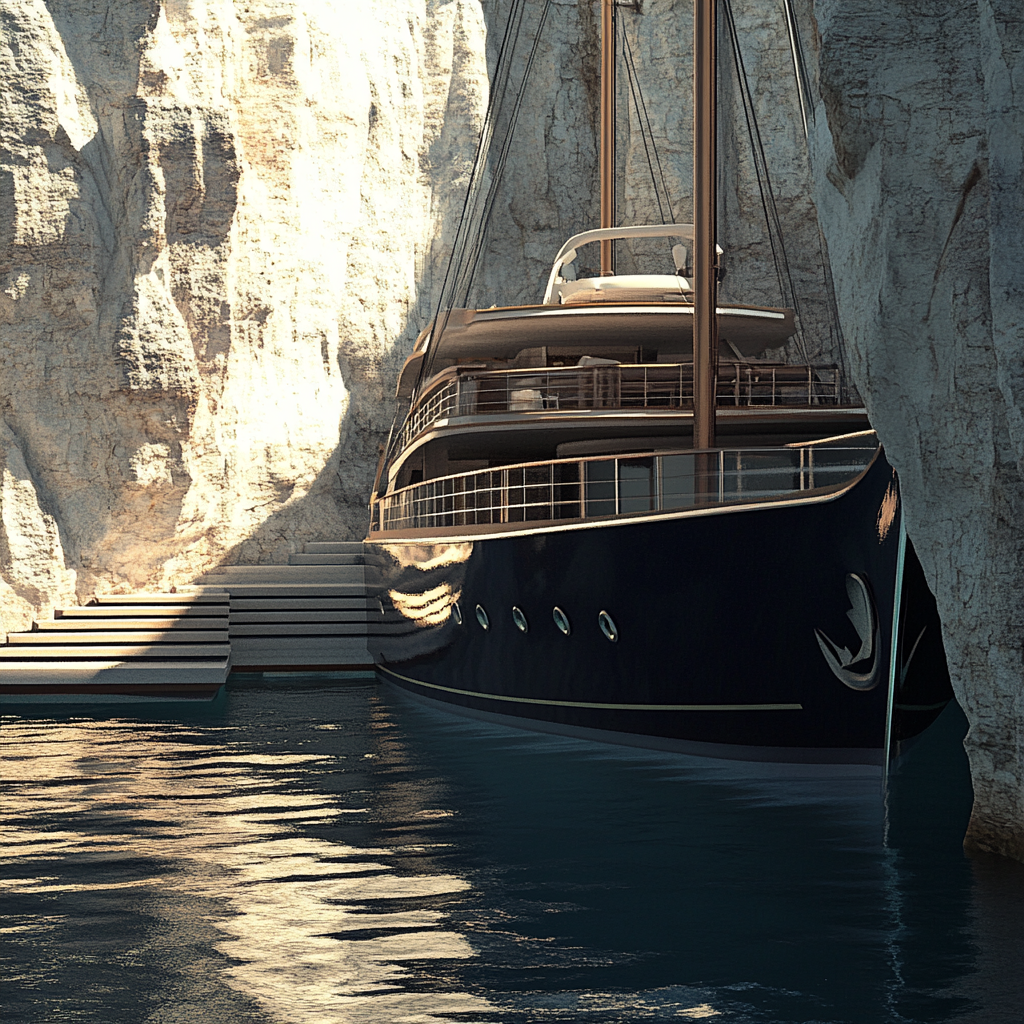 Photorealistic image of modern yacht moored in Greek island